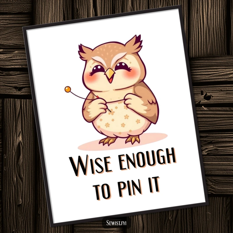 Funny Free Printable Wall Art: Joyful owl with focused precision pinning a pattern onto fabric, quirky decor.
