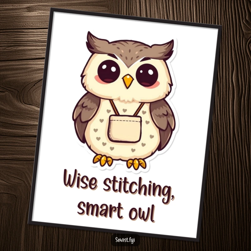 Funny Free Printable Wall Art of a proud owl displaying a small, neatly sewn pouch, a charming piece of downloadable art.