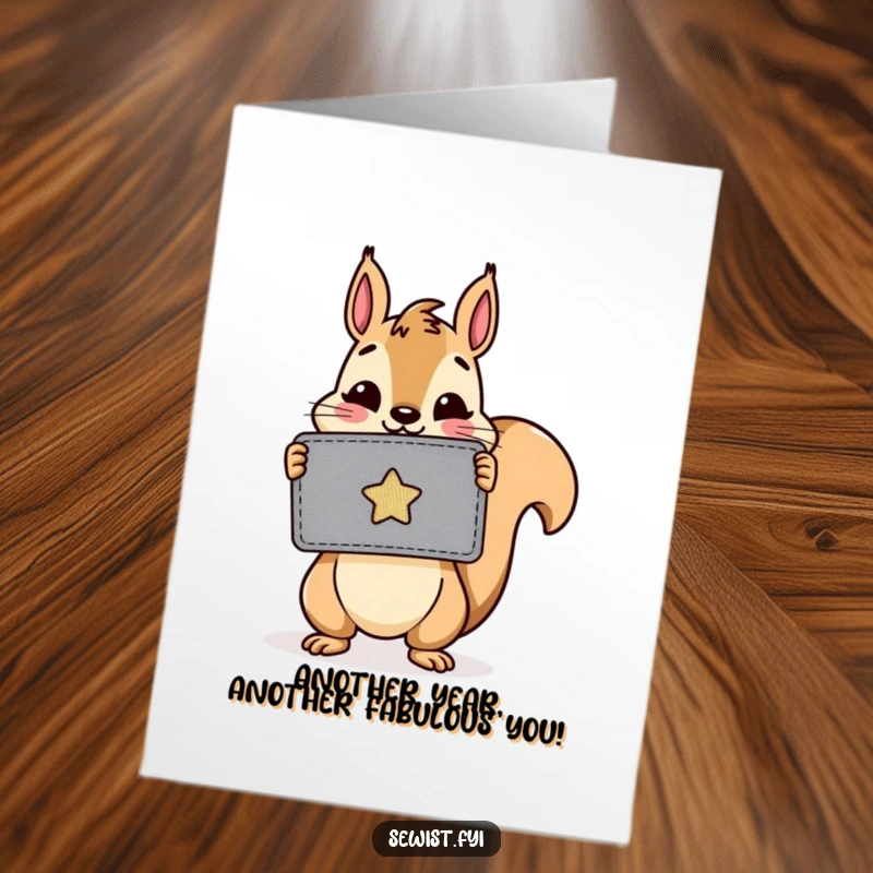 Funny Free Printable Birthday Card: A cheerful squirrel proudly displays a newly completed, colorful sewn patch.