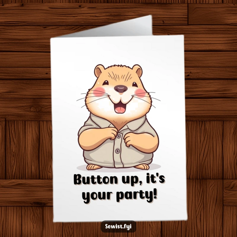 Funny Free Printable Birthday Card: Joyful capybara sewing a button onto a shirt, a sweet DIY greeting.