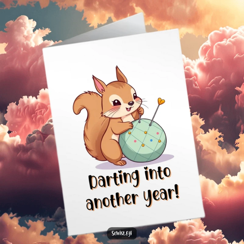 Funny Free Printable Squirrel Birthday Card: A proud squirrel confidently pins a dart, hitting the bullseye for a great celebration.