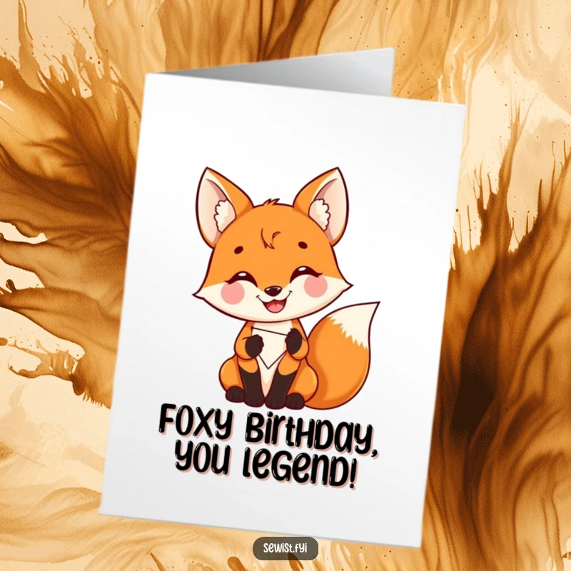 Funny free printable birthday card: A delighted fox grinning proudly while stitching a colorful patch.