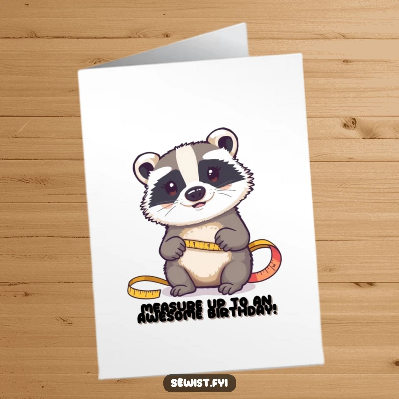 Funny Free Printable Birthday Card: A determined badger accurately measures fabric with a tape measure.