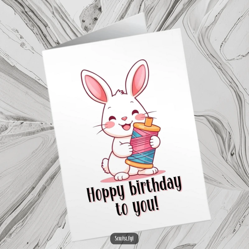 Funny Free Printable Birthday Card: A cheerful rabbit holding a brightly colored spool of thread, ready for crafty fun.
