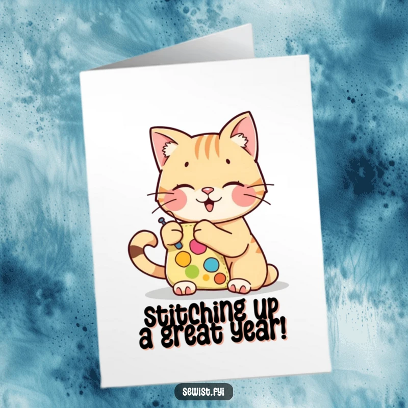 Funny Free Printable Birthday Card: A cheerful cat character happily stitching a colorful patch onto a piece of fabric.