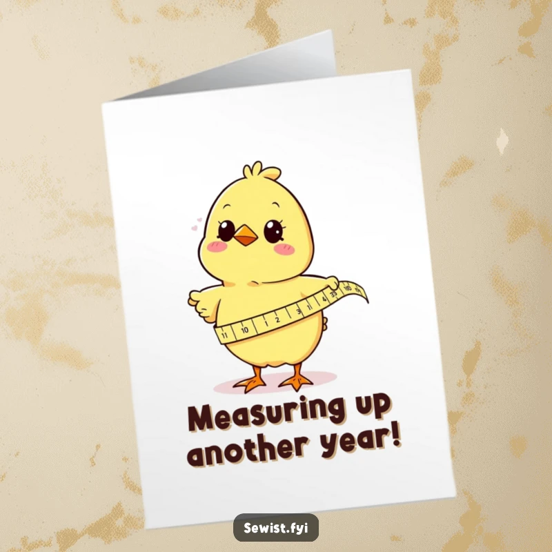 Funny Free Printable Birthday Card showing a cute chick enthusiastically measuring fabric with a big smile.