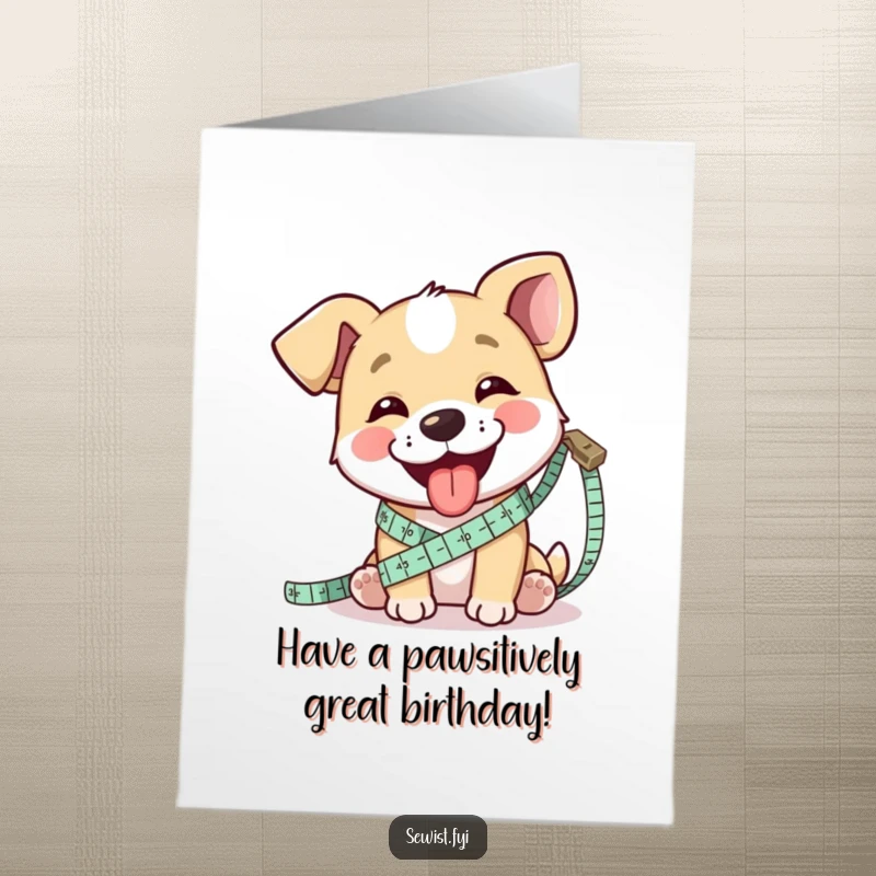 Funny Free Printable Birthday Card: A happy dog playfully measuring fabric with a tape measure, tongue sticking out with concentration.