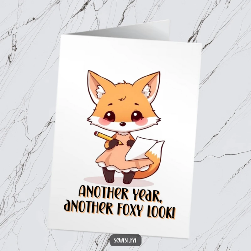 Funny Free Printable Birthday Card: A playful fox intently sketching a dress design with a pencil on paper, full of flair.