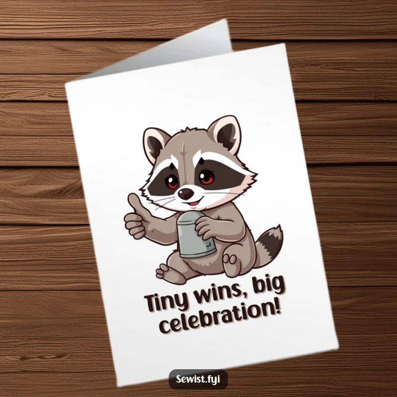 Funny Free Printable Birthday Card: Mischievous raccoon giving a thumbs-up while using a thimble, a hilarious downloadable greeting.