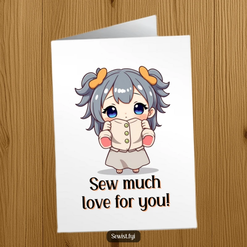 Funny Free Printable birthday card: a character beams holding a perfectly sewn garment, a DIY gift for crafters.