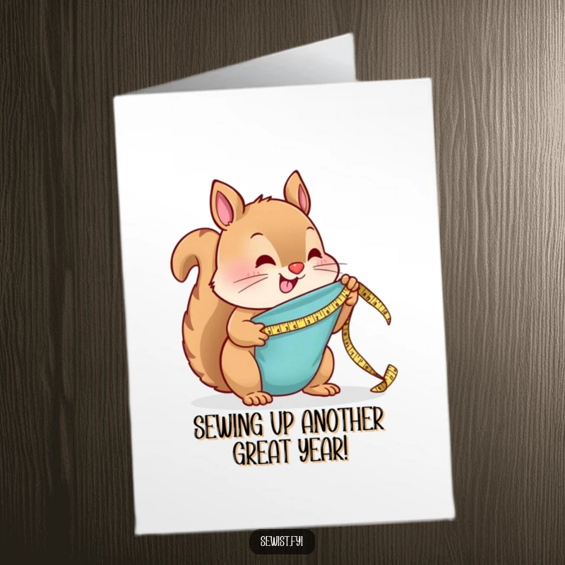 Funny Free Printable Birthday Card featuring a smiling squirrel meticulously measuring fabric with a tiny tape measure, ready for DIY crafting.