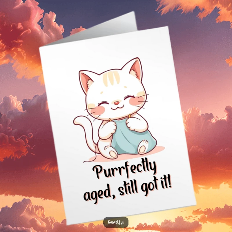 Funny Free Printable Birthday Card: A smiling cat meticulously sewing with a needle and thread, crafting good wishes.