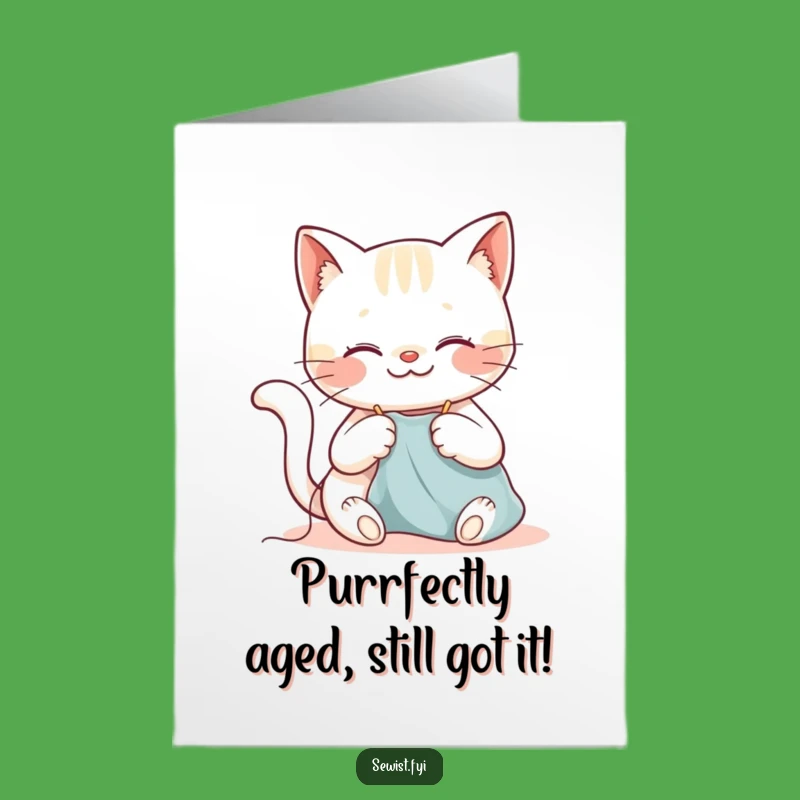 Free Printable Birthday Card: Happy Cat Sewing Smile Funny Downloadable Gift