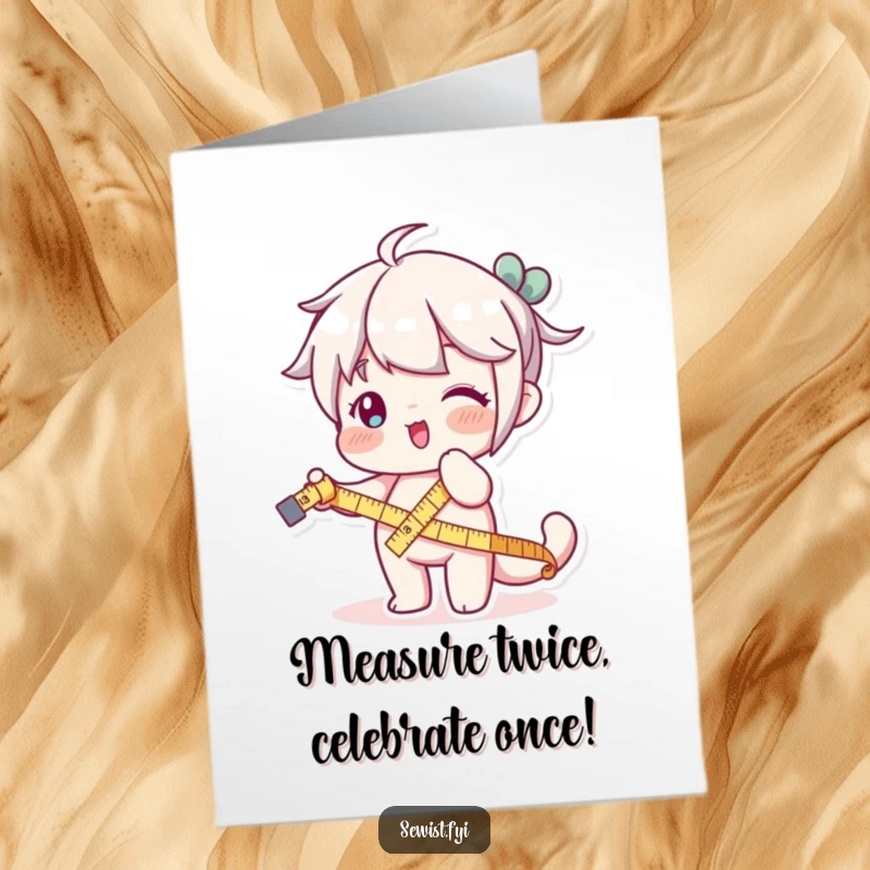 Funny Free Printable Birthday Card: Character playfully stretching a measuring tape, celebrating another year with humorous abundance.