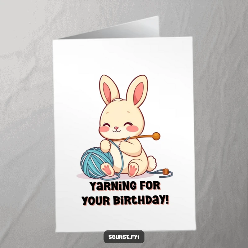 Funny Free Printable Birthday Card: Cute bunny with oversized needle and yarn, happily sewing. A comical and cheerful design.