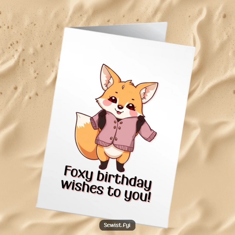 Funny Free Printable Birthday Card: Playful fox proudly holding a crooked garment, celebrating imperfection with joy.