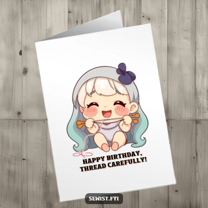 Funny free printable birthday card: A character smiling joyfully while expertly threading a needle with ease.