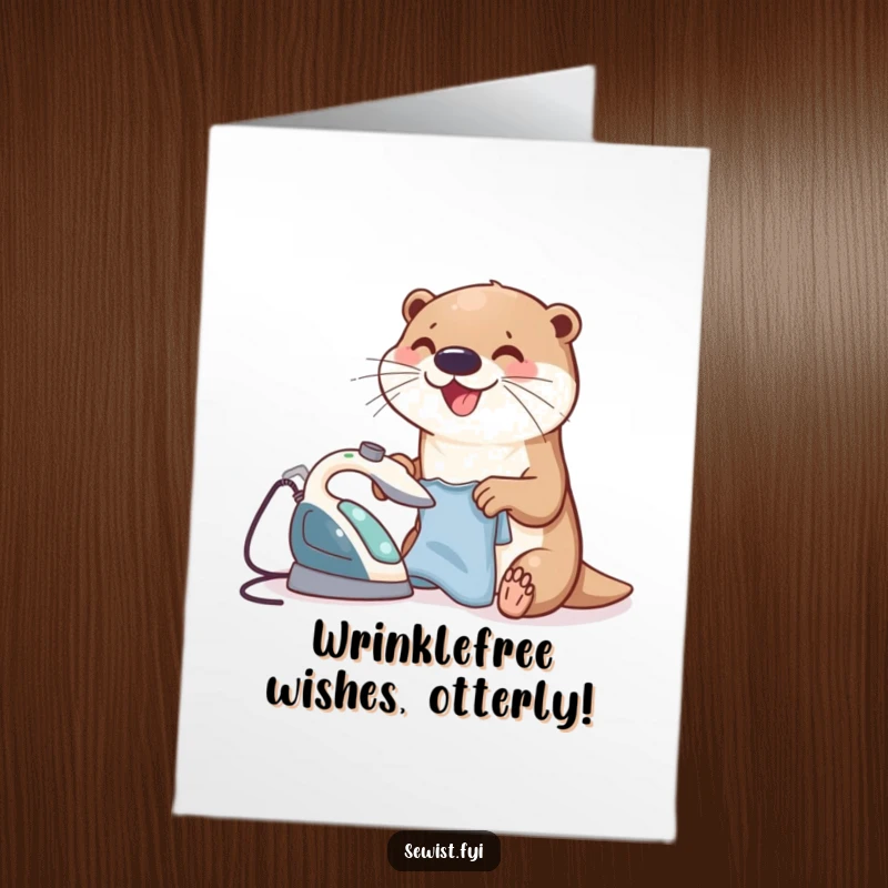Funny Free Printable Birthday Card: A joyful otter energetically ironing a small shirt with a miniature iron.