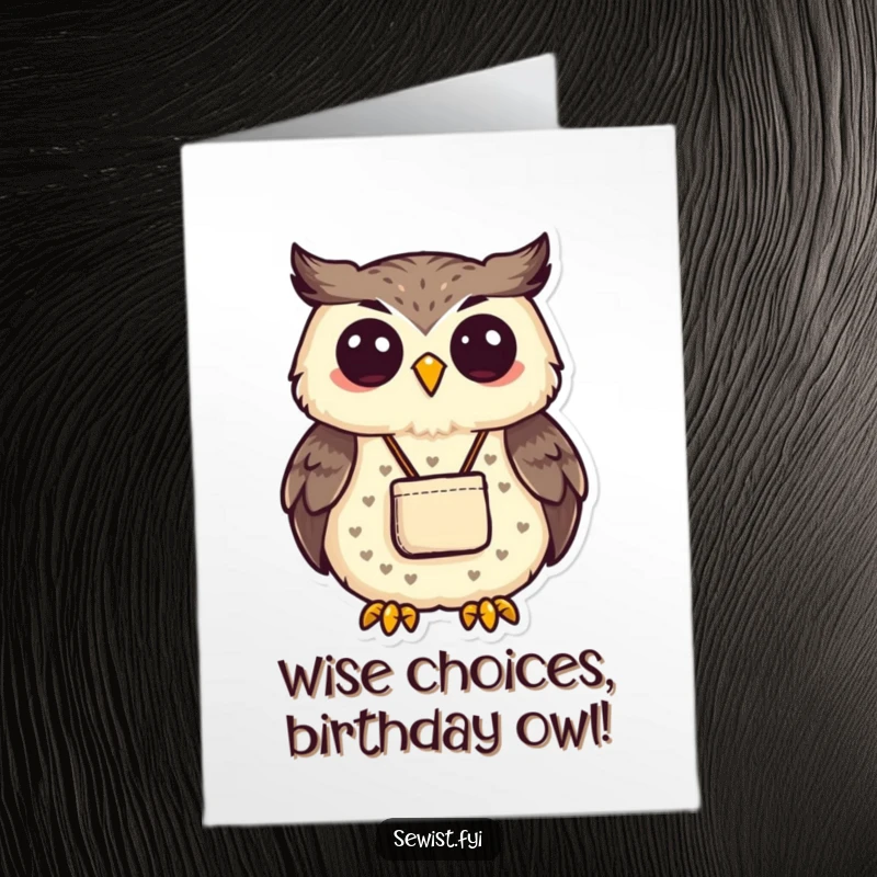 Funny Free Printable Birthday Card featuring a proud owl displaying a neatly sewn pouch, a delightful DIY gift for crafters.