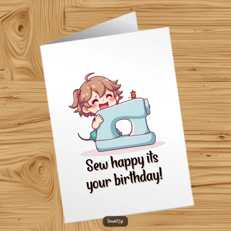 Funny free printable birthday card: A happy character joyfully operating a large, impressive sewing machine with enthusiasm.