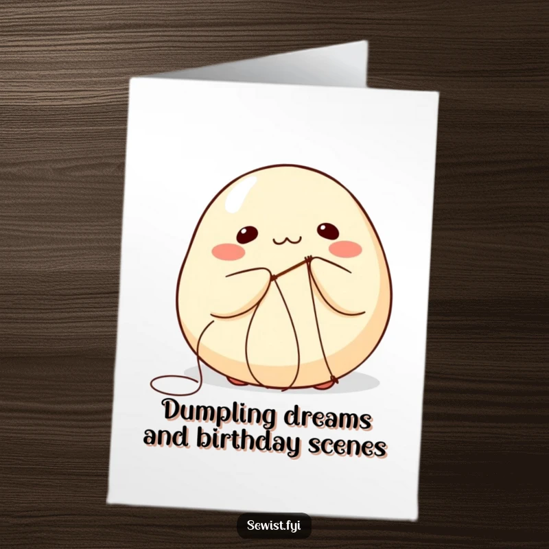 Funny Free Printable Birthday Card: A round dumpling comically attempts to stitch itself with needle and thread.