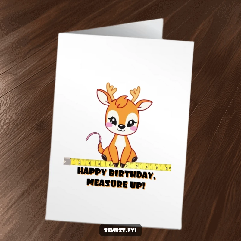 Funny Free Printable Birthday Card: Giggling deer character holds a flexible tape measure to measure fabric.