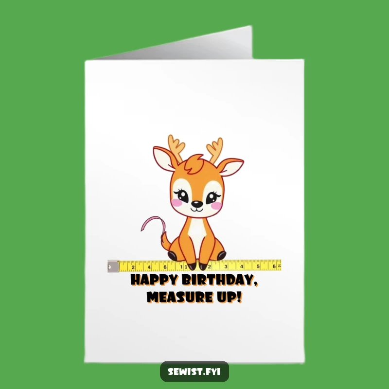 Free Printable Birthday Card: Giggling Deer Measures Fabric, Funny Downloadable Gift