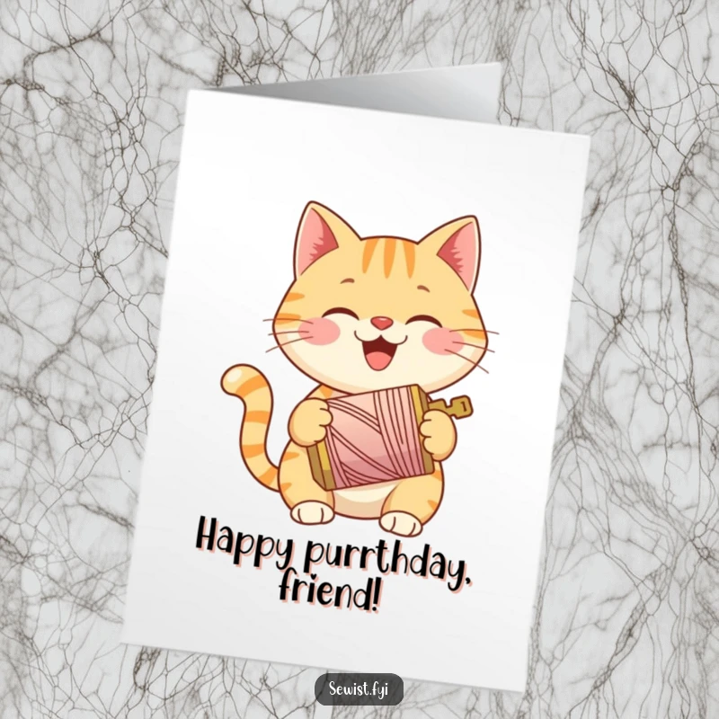 Funny Free Printable Birthday Card: Happy Cat Smiling and Holding a Bright Spool of Thread, Birthday Wishes, Downloadable Art.