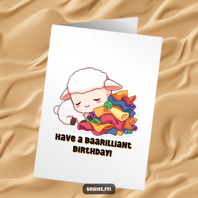 Funny Free Printable Birthday Card: Sleepy sheep nodding off by fabric scraps, a cozy birthday wish.