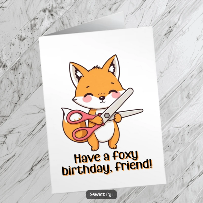 Funny Free Printable Birthday Card: Playful fox character enthusiastically cutting fabric with enormous novelty scissors. A comedic celebration.