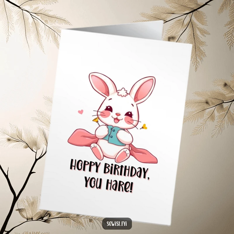 Funny free printable birthday card: A playful bunny smiling while pinning fabric pieces.