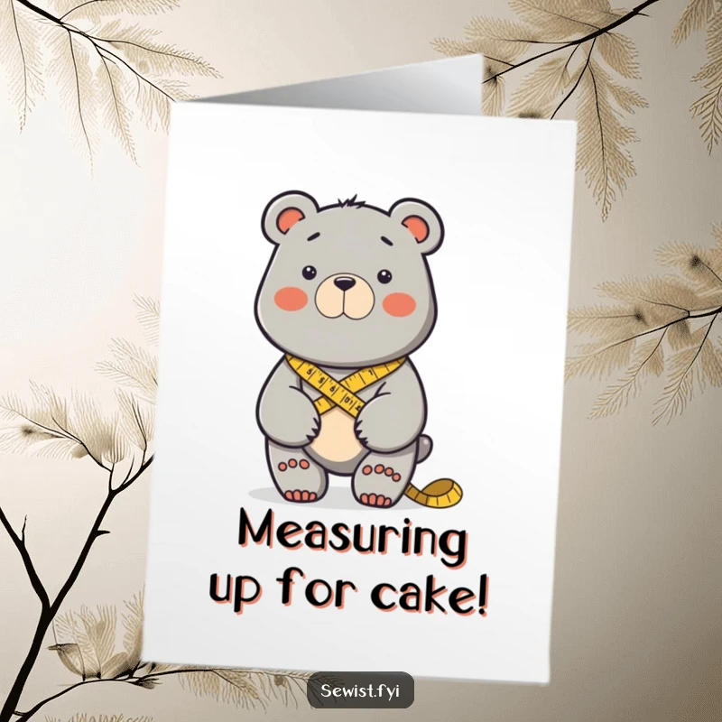 Funny Free Printable Birthday Card featuring a determined bear measuring fabric with a tape measure around its neck, a unique DIY gift.