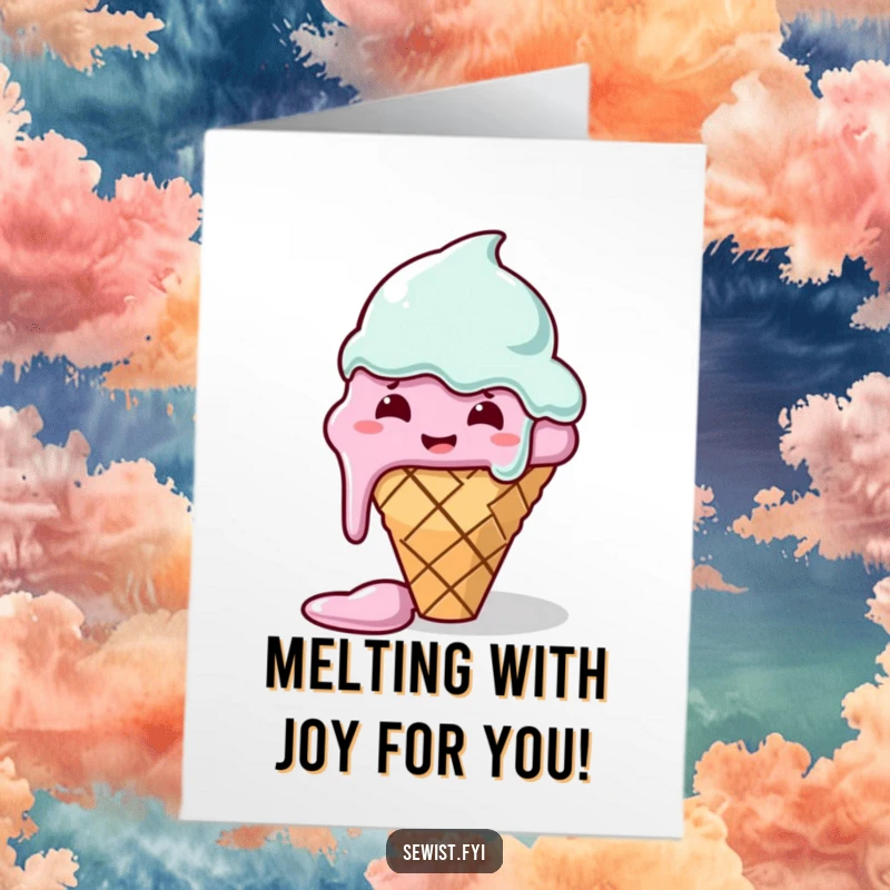Funny Free Printable Birthday Card: A melting ice cream cone hilariously botches sewing a straight line, looking stressed.