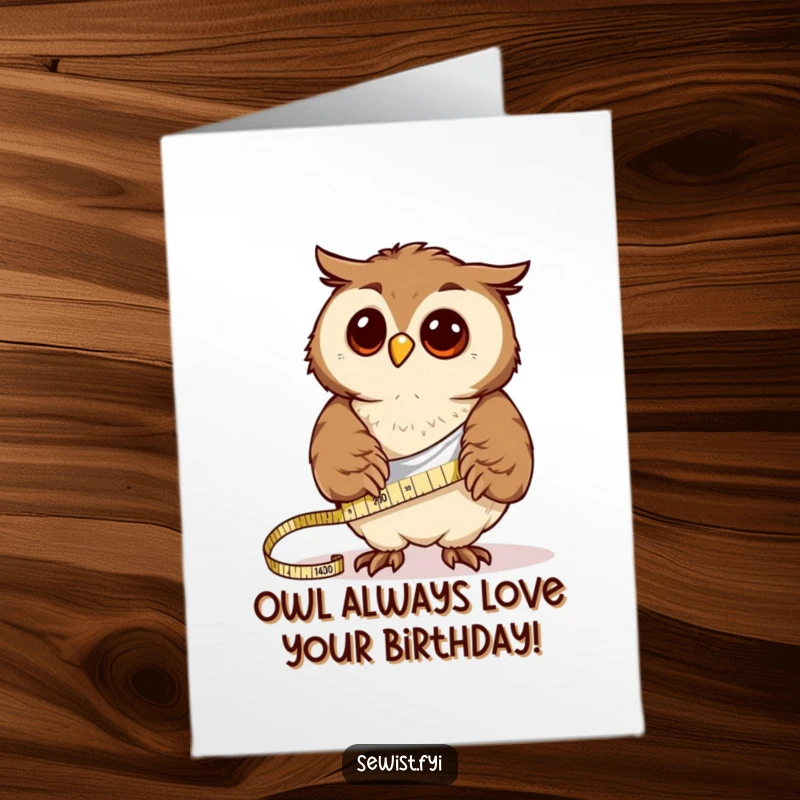 Funny Free Printable Birthday Card: Curious owl measuring cloth with tape measure, a precise, humorous birthday greeting.