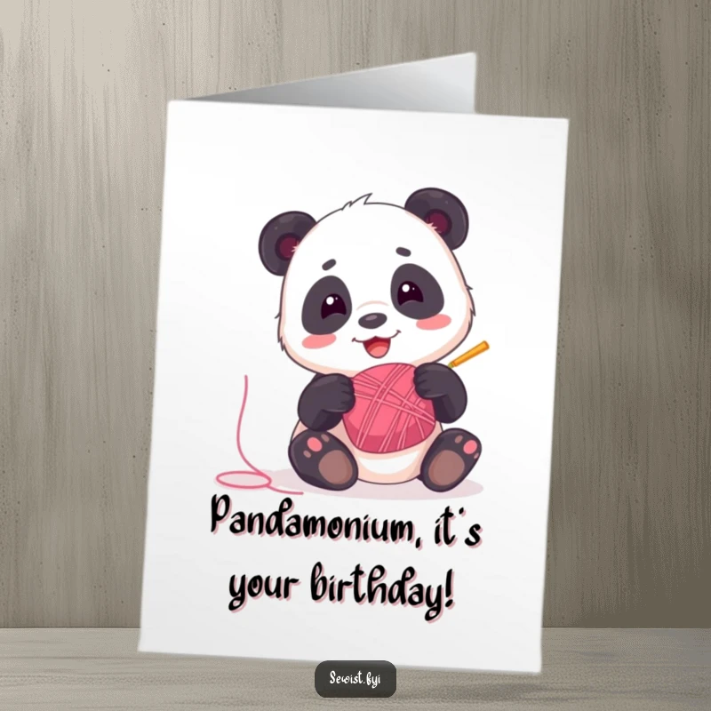 Funny Free Printable Birthday Card: Playful panda delightedly spinning a bobbin of bright, colorful thread.