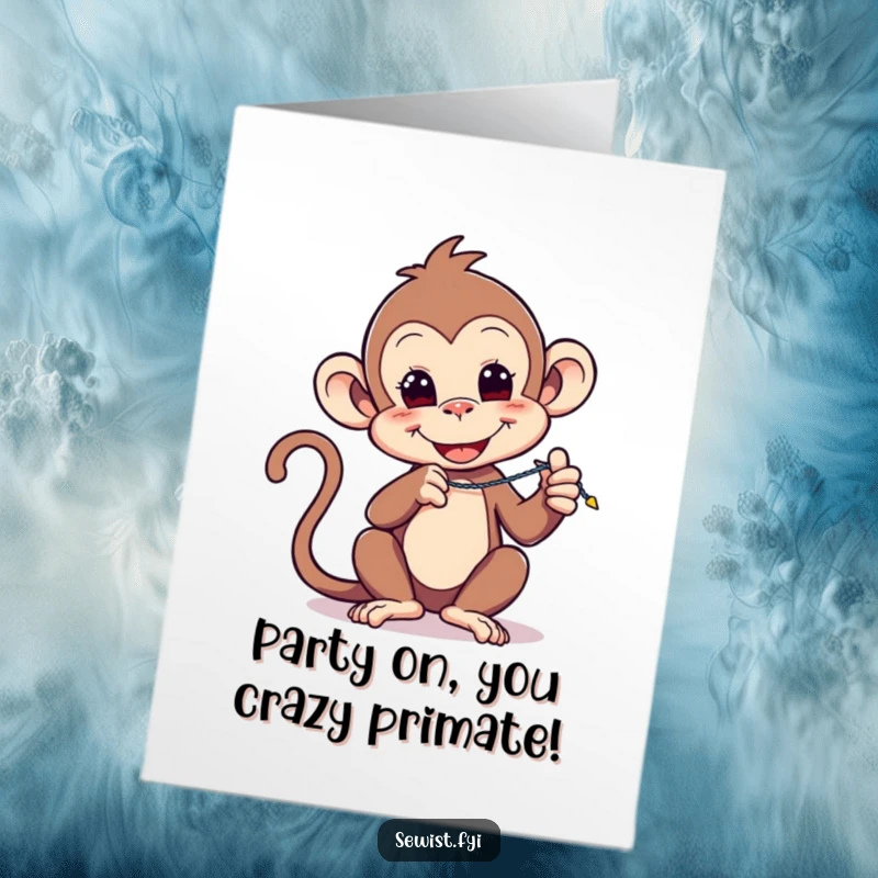 Funny Free Printable Birthday Card: A playful monkey energetically demonstrates a sewing machine's zigzag stitch.