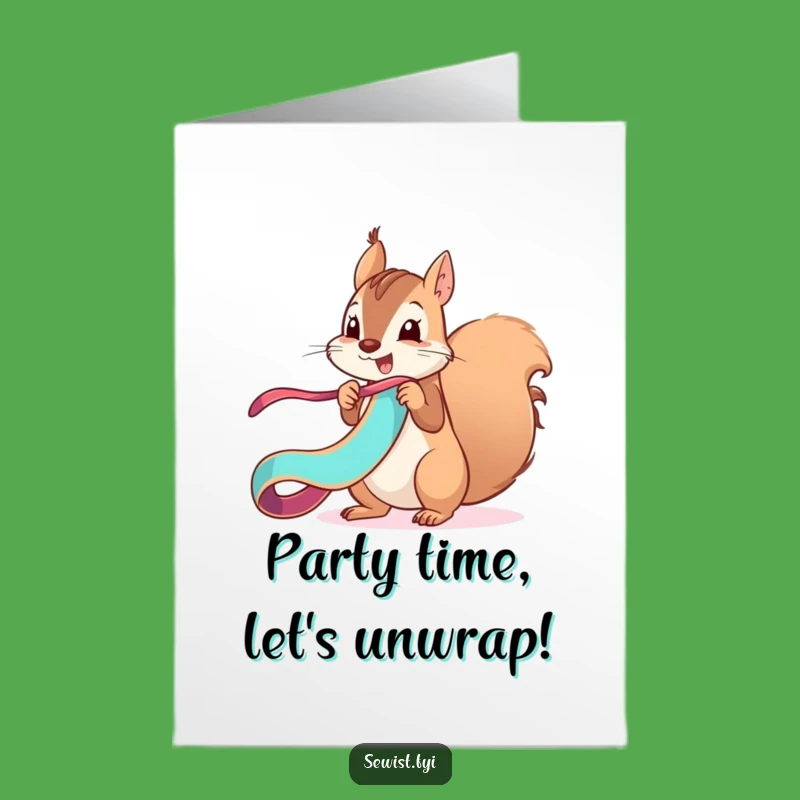 Free Printable Funny Birthday Card: Squirrel's Playful Ribbon Surprise