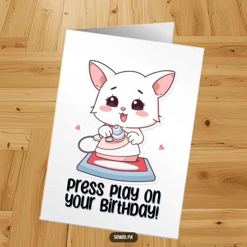Funny Free Printable Birthday Card: Character enthusiastically using an iron to flatten a creation, celebrating with smooth perfection.