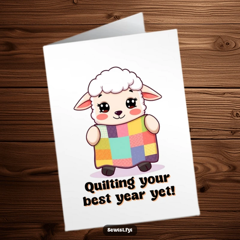 Funny Free Printable Birthday Card: A joyful sheep gazes with wonder at a beautifully crafted patchwork quilt.