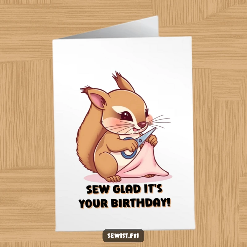 Funny Free Printable Birthday Card: Determined squirrel snipping fabric with tiny scissors, a crafter's delight for DIY gifts.