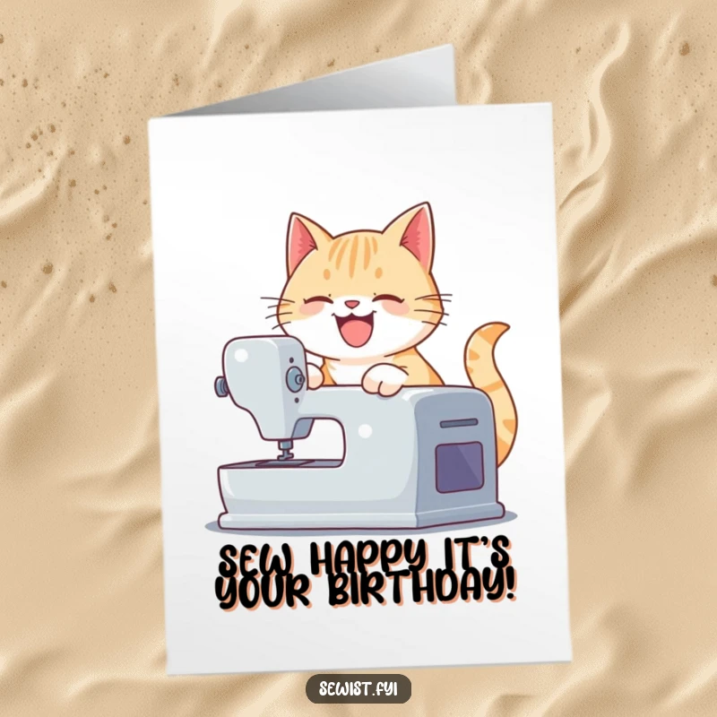 Funny Free Printable Birthday Card: Playful cat grinning while smoothly operating a sewing machine.