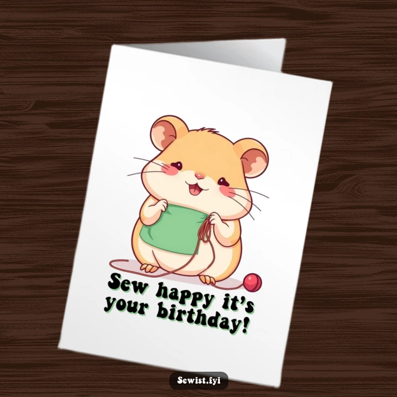 Funny Free Printable Birthday Card: Beaming hamster concentrating on sewing with needle and thread, a humorous birthday wish.