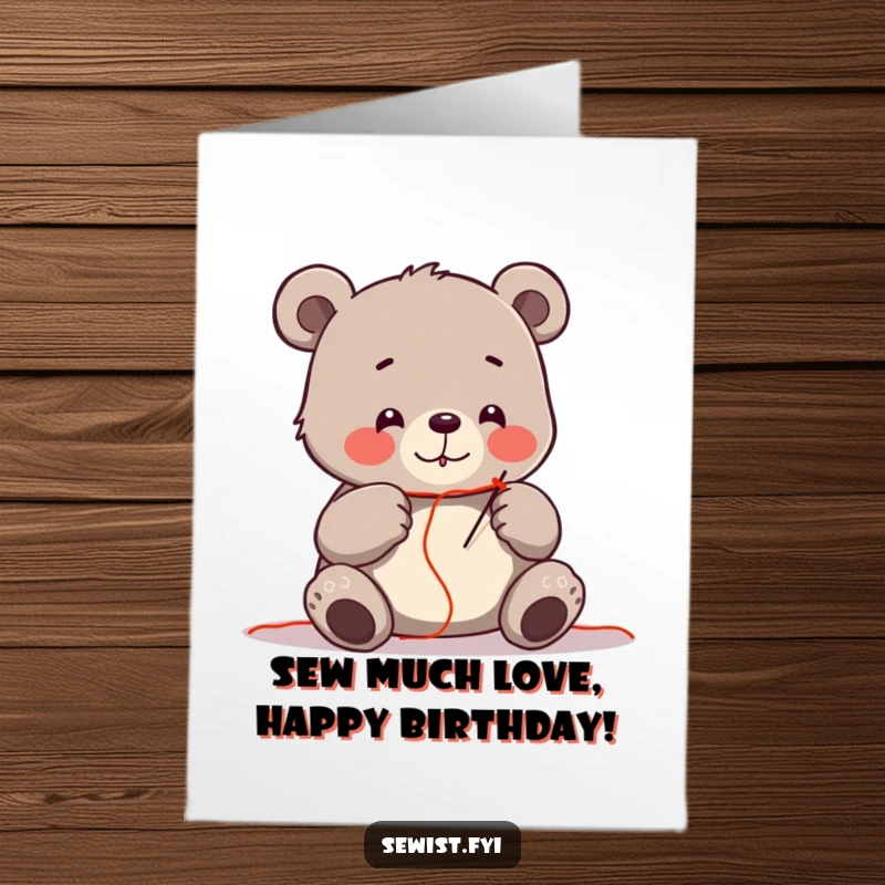 Funny Free Printable Birthday Card: A cheerful bear meticulously threading a needle with a vibrant red thread, focused and skilled.