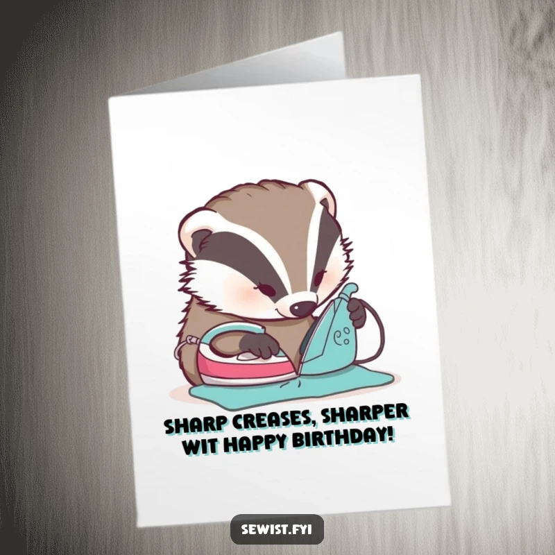 Funny Free Printable Birthday Card: A determined badger meticulously irons a seam flat with a tiny iron, bringing meticulous humor.