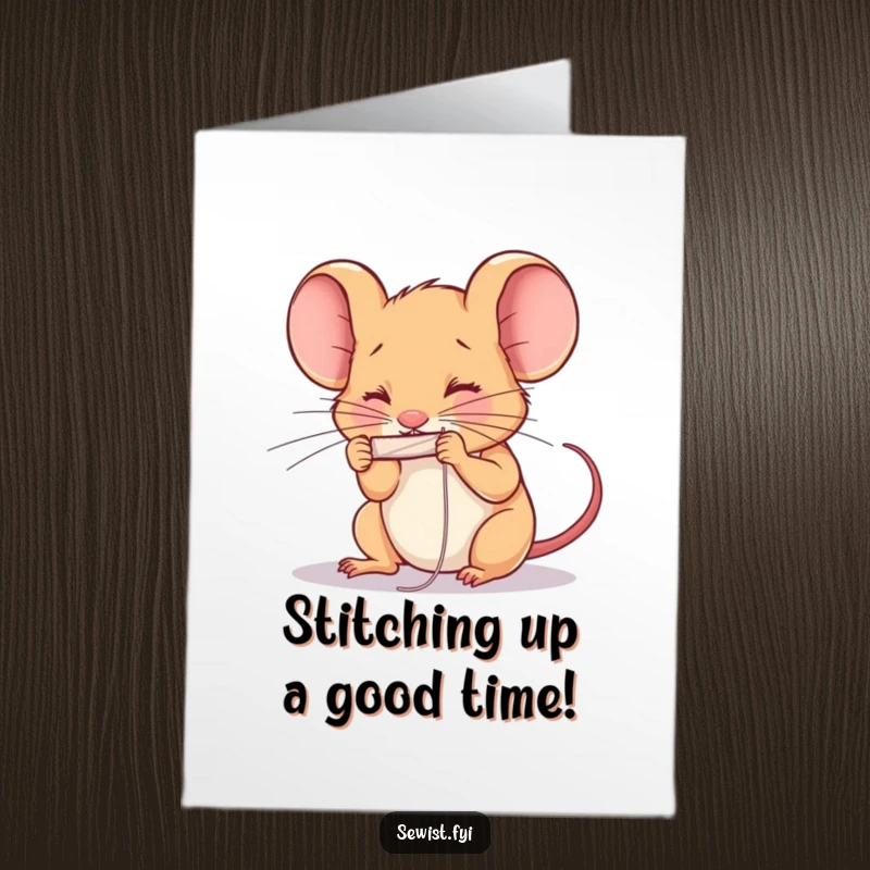 Funny Free Printable Birthday Card featuring a determined mouse threading a needle with intense concentration, a perfect DIY sewing gift.