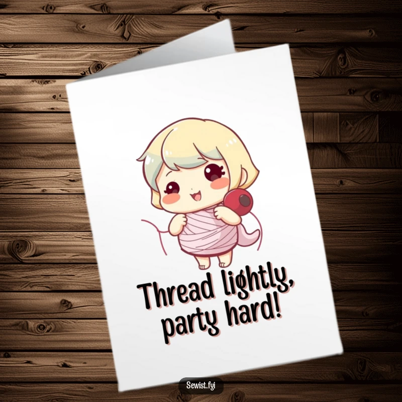 Funny Free Printable Birthday Card: Cheerful character expertly winding a bobbin, bringing smiles to any celebration.