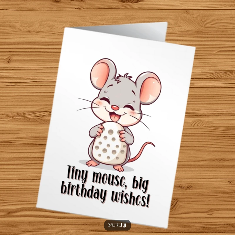 Funny Free Printable Birthday Card: A delighted mouse character sporting a huge smile while wearing a thimble. Adorable and cheerful.
