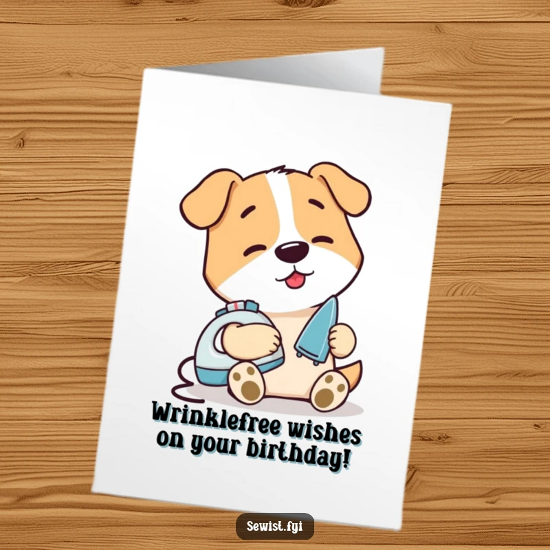 Funny Free Printable Birthday Card: Contented dog character meticulously irons a tiny seam with a miniature iron.