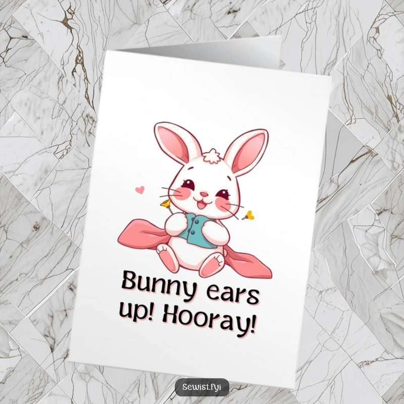 Funny free printable congratulations card: A smiling bunny carefully pins fabric pieces together.