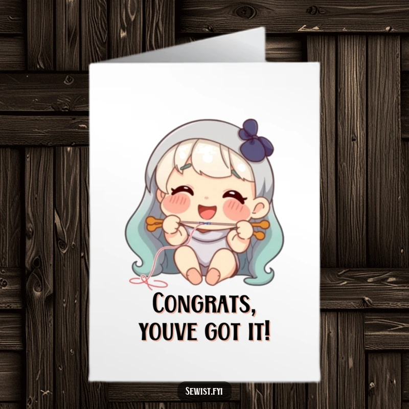 Funny free printable congratulations card: A smiling character successfully threading a needle, signifying precision and achievement.